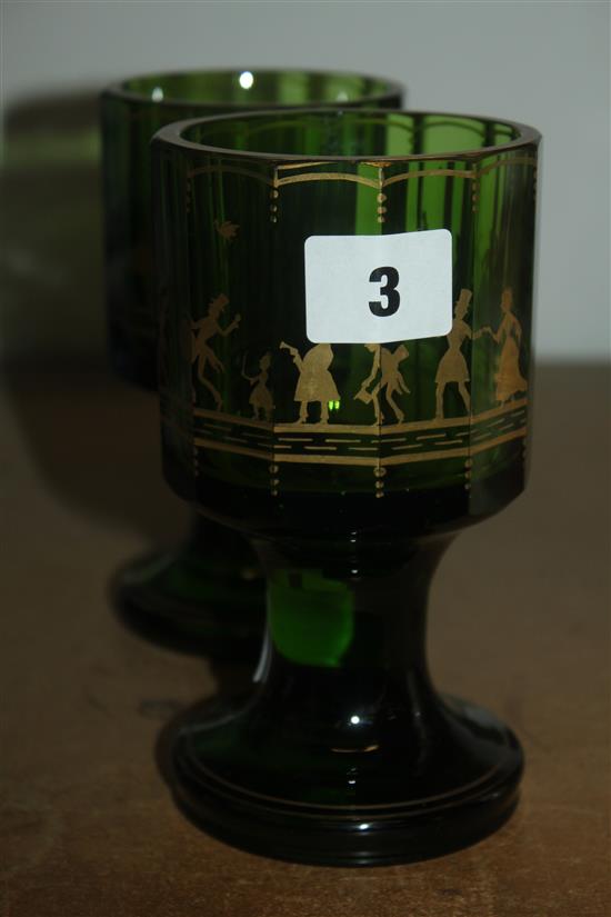 2 green glass bohemian goblets